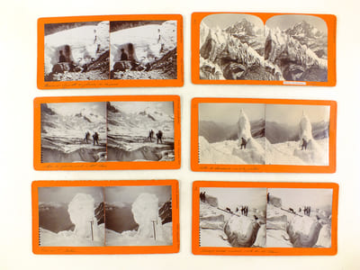 Lot de 17 vues photographiques stéréoscopiques du Mont Blanc, de la Mer de Glace et du glacier des Bossons, par Aug. Couttet, Chamonix (Haute-Savoie). Numéros 25 : le sommet du Mont Blanc - 26 : Le sommet du Mont Blanc - 27 : Mont Blanc vu du Belvédère - 28 : Arrêt d'une caravane, route du Mont Blanc - 29 : Passage d'une échelle (rtoue du Mont Blanc) - 30 : Passage d'une crevasse, route du Mont Blanc - 31 : Sérac au Grand Plateau ; 32 : Vallée de Chamonix vue à la jonction - 33 : Entrée du glacier, route du Mont Blanc - 34 : Glaciers des Bossons et Séracs - 35 : Traversée et grotte au Glacier des Bossons - 36 : Entrée de la Grotte aux Bossons - 37 : Traversée au glacier des Bossons - 38 : En route pour les Bossons - 41 : Traversée de la mer de glace - 42 : Aiguille du Chardonnet et d'Argentières vues de la Flégère - 43 : Mont Blanc vu de la Flégère