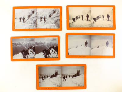 Lot de 17 vues photographiques stéréoscopiques du Mont Blanc, de la Mer de Glace et du glacier des Bossons, par Aug. Couttet, Chamonix (Haute-Savoie). Numéros 25 : le sommet du Mont Blanc - 26 : Le sommet du Mont Blanc - 27 : Mont Blanc vu du Belvédère - 28 : Arrêt d'une caravane, route du Mont Blanc - 29 : Passage d'une échelle (rtoue du Mont Blanc) - 30 : Passage d'une crevasse, route du Mont Blanc - 31 : Sérac au Grand Plateau ; 32 : Vallée de Chamonix vue à la jonction - 33 : Entrée du glacier, route du Mont Blanc - 34 : Glaciers des Bossons et Séracs - 35 : Traversée et grotte au Glacier des Bossons - 36 : Entrée de la Grotte aux Bossons - 37 : Traversée au glacier des Bossons - 38 : En route pour les Bossons - 41 : Traversée de la mer de glace - 42 : Aiguille du Chardonnet et d'Argentières vues de la Flégère - 43 : Mont Blanc vu de la Flégère