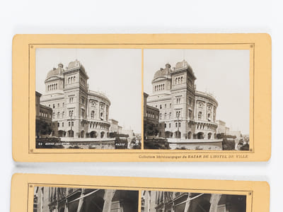 Lot de 24 vues photographiques stéréoscopiques de Suisse : Interlaken, Grindelwald und Bern [ Collection Stéréoscopique du Bazar de l'Hôtel de Ville ] Numéros 1 : Grindelwald. La vallée et l'Eiger - 5 : Interlaken. Entrée des jardins du Kursaal - 6 : Interlaken. Le Kursaal - 7 : Interlaken. Vue prise de la Heimwehfluh - 8 : Interlaken. Vue prise de la Heimwehfluh - 9 : Interlaken. L'aar à Unterseen - 10 : Interlaken. L'Aar et le Harder - 12 : Interlaken. Vue prise du petit Rugen vers la Jungsfrau - 13 : Interlaken. Marktgasse - 14 : Interlaken. Châlets Suisse au Matten - 15 - Interlaken. L'Aar et le grand Rugen - 21 : Interlaken. Le Port - 18 : Interlaken. Vue prise de la Höheweg - 16 : Interlaken. La promenade de la Höheweg - 19 : Interlaken. La Höheweg et le Harder - 20 : Interlaken. Vue prise de la Höheweg vers la Schynigge-Platte - 24 : Interlaken. La Jungfrau prise de la Höheweg - 25 : Interlaken. Unterseen - 26 : Interlaken. Vue prise du Rugen vers le Boedeli - 27 : Interlaken. Vue prise du Rugen vers la Trinkhalle - 28 : Interlaken. Vue prise de Hohbühl et 12 : Berne. La fosse aux Ours - 23 : Berne. Façade du Palais Fédéral - 33 : Berne : Laitier et les chiens attelés