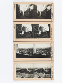 Lot de 21 vues photographiques stéréoscopiques d'un voyage par Amboise, Langeais, Marmoutiers, Tours et Loches [12, 13 et 14 aout 1909 ] Numéro 21 : Amboise. Vue prise de la terrasse du château - 22 : Amboise. Le portail de la chapelle de St Hubert - 23 : Amboise Vue générale du château et d'une partie de la ville - 24 : Langeais. L'Eglise - 25 : Langeais. L'une des tours du château - 26 : Langeais. L'entrée du château - 28 : Langeais. Les jardins du château et les ruines du donjon - 29 : Langeais. Partie de la ville. Vue prise de l'une des tours du château - 30 : Langeais. Vue de l'ensemble du château - 31 : Langeais. L'une des tours du château - 32 : Langeais. Le pont suspendu sur la Loire - 33 : Marmoutier. La porte d'entrée de l'ancien monastère - 34 : Marmoutier. La grotte de Saint Gatien - 35 : Marmoutier. L'entrée du château - 37 : Tours : La rentrée du 5e cuirrassier au quartier - 38 : Tours. Le Palais de Justice. Vue prise du restaurant Tellier - 39 : Loches. La collégiale de Saint-Ours - 40 : Loches. Vue de la ville et de l'Eglise prise du Donjon - 41 : Loches. Vue sur la Campagne prise du Donjon - 42 : Loches. L'entrée du donjon - 43 : Loches. Les remparts et l'une des tours du château