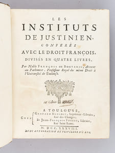Les Instituts de Justinien, conférés avec le Droit François, divisés en quatre Livres [ Les Institutes de Justinien, conférés avec le Droit Français ]