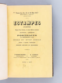 [ Recueil de 15 catalogues de vente d'Estampes anciennes, par Vignères marchand et Maurice Delestre, commissaire-priseur, 1877 - 1878 ] I : 24, 25 et 26 mai 1877. Flamen Vues diverses, Ecole du XVIIIe siècle ; II : 3 et 4 décembre 1877 : Dessins anciens, estampes, Ecole du XVIIIe siècle ; III : 13 et 14 février 1878. Estampes sur l'architecture, ornements ; IV :25, 26, 27 février 1878. Portraits pour illustrations. Oeuvres de Ficquet, Gaucher, Grateloup, Savart, Saint-Aubin ; V : 27 avril 1878. Portraits par Audran, Daullé, Edelinck, Nanteuil, etc. ; VI : 10 et 11 mai 1878 : Ecole du XVIIIe siècle ;  VII : 31 mai 1878 : Ecole du XVIIIe siècle ;  VIII : 18 et 19 juin 1878 : Portraits la plupart avant la lettre ; IX : 10 octobre 1878 : Vues et plans de Paris et Autres ; X : 17 et 18 octobre 1878. Estampes. Lithographies et photographies  ; XI : 24, 25 ,26 octobre 1878. Ecole du XVIIIe ; XII : 30 octobre 1878. Très belles épreuves ; XIII : 18 et 19 novembre 1878. ; XIV : 25 et 26 novembre 1878. Estampes. Architecture ; XV : 15 décembre 1878