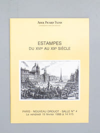 (Lot de 16 catalogues d'Estampes, Maison Ader Picard Tajan, de 1979 à 1989) : Estampes, vendredi 15 juin 1979 ; jeudi 21 février 1980 ; mercredi 29 octobre 1980 ; collection Armand Trampitsch, 29 mai 1986 ; mercredi 4 juin 1986 ; mercredi 26 novembre 1986 ; mercredi 4 mars 1987 ; mercredi 30 septembre 1987 ; mercredi 21 octobre 1987 ; mercredi 27 janvier 1988 ; vendredi 19 février 1988 ; jeudi 21 avril 1988 ; mercredi 8 juin 1988 ; mardi 18 octobre 1988 ; vendredi 7 avril 1989 ; vendredi 9 juin 1989.