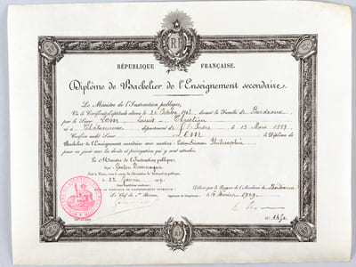 Diplôme de Bachelier de l'Enseignement secondaire. Délivré le 4 Février 1909. Mention Latin-Sciences-Philosophie
