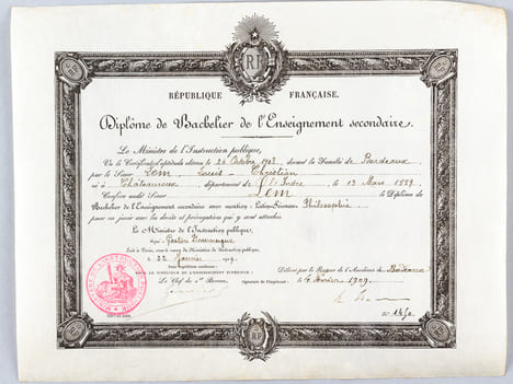 Diplôme de Bachelier de l'Enseignement secondaire. Délivré le 4 Février 1909. Mention Latin-Sciences-Philosophie. Collectif ; [ DOUMERGUE, Gaston ]