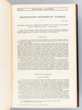 Reconstruction Financière de l'Autriche [Rapports du Commissaire Général de la Société des Nations à Vienne soumis au Conseil du Premier Rapport du ...