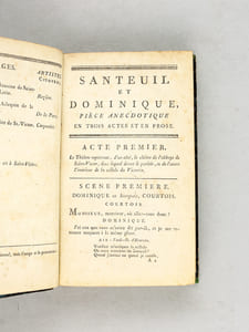 Santeuil et Dominique. Pièce Anecdotique en trois actes, en prose, mêlée de vaudevilles, représentée pour la première fois, sur le Théâtre du Vaudeville, le 20 Brumaire, an 5, 11 novembre vieux style [ Edition originale ] [ Avec : ] Toinon et Toinette, Comédie en deux actes en prose ; mellée d'Ariettes, représentée pour la première fois par les Comédiens  ordinaires du Roi, le 20 juin 1767 [ Avec : ] Le Protégé de Tout le Monde, Comédie-Vaudeville en un Acte, par Desprez et Joseph ***, représentée pour la première fois, à Paris, sur le Théâtre de la Porte Saint-Martin, le 12 novembre 1822  [ Edition originale ] [Avec : ] Coraly, ou la Soeur et le Frère, Comédie-Vaudeville en un Acte, par MM. Scribe et Mélesville, représentée pour la première fois, à Paris, sur le Théâtre de S.A.R. Madame Duchesse de Berry, le 19 novembre 1824 [ Avec : ] Le plus beau Jour de la Vie, Comédie-Vaudeville en deux Actes, par MM. Scribe et Varner, représentée pour la première fois, à Paris, sur le Théatre de Madame, Duchesse de Berry, par les Comédiens ordinaires de son Altesse Royale, le 22 février 1825  [ Edition originale ]  [Avec : ] Le Baril d'Olives, Comédie-Vaudeville en un Acte, par MM. Brazier et Mélesville, représentée pour la première fois, à Paris, sur le Théâtre des Variétés, le 1er février 1825  [ Edition originale ] [ Avec : ] La Princesse des Ursins, ou la Disgrâce. Comédie historique en trois actes et en prose, par M. Alexandre Duval, représentée pour la première fois le 25 décembre 1825, par les Comédiens ordinaires du Roi  [ Edition originale ] 