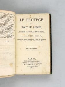 Santeuil et Dominique. Pièce Anecdotique en trois actes, en prose, mêlée de vaudevilles, représentée pour la première fois, sur le Théâtre du Vaudeville, le 20 Brumaire, an 5, 11 novembre vieux style [ Edition originale ] [ Avec : ] Toinon et Toinette, Comédie en deux actes en prose ; mellée d'Ariettes, représentée pour la première fois par les Comédiens  ordinaires du Roi, le 20 juin 1767 [ Avec : ] Le Protégé de Tout le Monde, Comédie-Vaudeville en un Acte, par Desprez et Joseph ***, représentée pour la première fois, à Paris, sur le Théâtre de la Porte Saint-Martin, le 12 novembre 1822  [ Edition originale ] [Avec : ] Coraly, ou la Soeur et le Frère, Comédie-Vaudeville en un Acte, par MM. Scribe et Mélesville, représentée pour la première fois, à Paris, sur le Théâtre de S.A.R. Madame Duchesse de Berry, le 19 novembre 1824 [ Avec : ] Le plus beau Jour de la Vie, Comédie-Vaudeville en deux Actes, par MM. Scribe et Varner, représentée pour la première fois, à Paris, sur le Théatre de Madame, Duchesse de Berry, par les Comédiens ordinaires de son Altesse Royale, le 22 février 1825  [ Edition originale ]  [Avec : ] Le Baril d'Olives, Comédie-Vaudeville en un Acte, par MM. Brazier et Mélesville, représentée pour la première fois, à Paris, sur le Théâtre des Variétés, le 1er février 1825  [ Edition originale ] [ Avec : ] La Princesse des Ursins, ou la Disgrâce. Comédie historique en trois actes et en prose, par M. Alexandre Duval, représentée pour la première fois le 25 décembre 1825, par les Comédiens ordinaires du Roi  [ Edition originale ] 