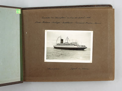 Album Photo : Croisière du "Champlain" du 5 au 20 avril 1936 Le Havre - Lisbonne - Malaga - Casablanca - Canaries - Madère - Açores [ Contient : ] Champlain Départ du Havre - Lisbonne. Cathédrale Le cloître - Cintra Le château - Entre Malaga et Grenade - L'Alhambra - Gitanes à l'entrée des jardins du Generalife - Gibraltar - Rabat. Jardin des Oudayas - Canaries. Pic de Teyde - Vieille femme au jardin botanique d'Orotava - Le Champlain à Funchal - Toboggan de Terreiro da Lucta à Funchal - Chars à boeufs à Funchal - Madère. Toboggan - Le Champlain entre Madère et les Açores. Bénédiction de la mer [Avec Paul Chack, Abbé Guinchard, Commandant Sylvestre, Commissaire Ameil, Mme Cangardel, Mr Coquillat ] - Açores. Punta Delgada - Juan Miguel des Açores. Geysers à Furnas 