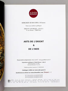 [ Lot de 4 catalogues de ventes aux enchères d'art islamique et asiatique ] Arts d'Orient, collection de M. et Mme X. et à divers, dont un salon syrien daté 1232H./1815 (8 octobre 2012) ; Arts de l'Islam et de l'Inde (31 mai 2013) ; Arts de l'Islam et de l'Inde (25 novembre 2013) ; Arts de l'Orient et de l'Inde (28 mai 2014)