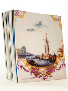 [ Lot de 35 catalogues de ventes aux enchères, porcelaines, faïences et céramiques, 2003 à 2015 ] Bijoux, orfèvrerie, porcelaine, faïences (12 juin 2003) ; Porcelaines, faïences (24 octobre 2003) ; id. (29 novembre 2004) ; id. (14 mars 2005) ; id. (29 juin 2003) ; Porcelaines, faïences, collection de Bénitiers (3 novembre 2005) ; Porcelaines, faïences (3 mars 2006) ; Céramiques modernes (24 février 2006) ; Céramiques modernes (20 juin 2007) ;  Céramiques modernes, céramiques anciennes (12 et 13 juin 2007) ; Porcelaines et faïences des XVIIe, XVIIIe et XIXe siècles (15 décembre 2007) ; collection de poupées bleuettes [...] (19 mars 2008 ) ; Porcelaines, faïences XVIIe, XVIIIe et XIXe siècles (16 juin 2008) ; id. (13 octobre 2008) ; Faïences françaises, porcelaines françaises et étrangères [...] (19 et 20 janvier 2009) ; Porcelaines et faïences françaises du XVIe au XIXe siècle (25 mars 2009) ; id. (29 juin 2009) ; id. (19 ocotbre 2009) ; id. (25 janvier 2010) ; id. (12 mars 2010) ; id. (31 mai 2010) ; Porcelaines et faïences du XVIe au XIXe siècle (29 septembre 2010) ; id. (19 novembre 2010) ; id. (7 février 2011) ; id. (11 avril 2011) ; id. (21 juin 2011) ; id. (14 octobre 2011) ; id. (6 février 2012) ; id (6 février 2012) ; id. (11 juin 2013) ; Arts d'Asie, Porcelaines et Faïences (12 juin 2014) ; Porcelaines et faïences du XVIe au XIXe siècle (7 avril 2014) ; Porcelaines et faïences (13 octobre 2014) ; Un oeil sur les céramiques, collection Mimoz (11 décembre 2014) ; Porcelaines et faïences du XVIe au XIXe siècle (16 et 17 mars 2015)