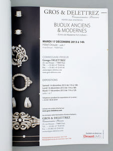 Bijoux anciens et modernes , Hôtel Drouot Paris (Lot de 3 catalogues, année 2013) : 30 octobre 2013 - écrins de Madame X et à divers - ; 22 novembre 2013 - Bijoux ancies et modernes, Monnaies, Décorations et ordres de chevalerie, Objets de vitrine [...] ; 17 décembre 2013 - - écrins de Madame X et à divers - [ on joint : ] Bijoux anciens et modernes, écrins de Madame X et à divers, 25 juin 2013 ( vente par Charles-Edouard Delettrez, seul )