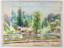 Parc Montsouris avec lac. Pastel original signé. MEKUSA, Angela