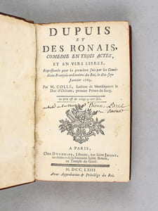 Dupuis et Des Ronais, Comédie en Trois actes, et en Vers Libres, Représentée pour la première fois par les Comédiens François ordinaires du Roi, le dix-sept Janvier 1763 [Avec: ] Jean-Jaques Rousseau, Citoyen de Genève, à Christophe de Beaumont, Archevêque de Paris, Duc de St Cloud, Pair de France, Commandeur de l'Ordre du St Esprit, Proviseur de Sorbonne, &c.,  [Lettre à M. de Beaumont par J. J. Rousseau Citoyen de Genève ]