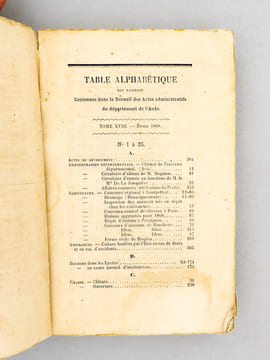 Recueil des Actes administratifs de la Préfecture de l'Aude [ deux tomes reliés en un vol. ] : Tome XVIII - Année 1868 n° 1 à 35 ;  Tome XIX - Année ...