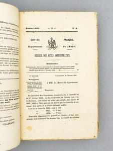 Recueil des Actes administratifs de la Préfecture de l'Aude [ deux tomes reliés en un vol. ] : Tome XVIII - Année 1868 n° 1 à 35 ;  Tome XIX - Année 1869, n° 1 à 34 , 22 novembre 1869