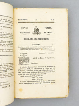 Recueil des Actes administratifs de la Préfecture de l'Aude [ deux tomes reliés en un vol. ] : Tome XVIII - Année 1868 n° 1 à 35 ;  Tome XIX - Année ...