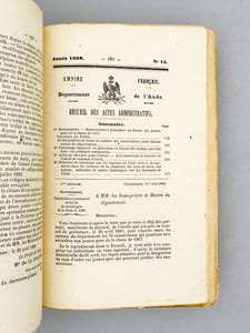 Recueil des Actes administratifs de la Préfecture de l'Aude [ deux tomes reliés en un vol. ] : Tome XVIII - Année 1868 n° 1 à 35 ;  Tome XIX - Année 1869, n° 1 à 34 , 22 novembre 1869