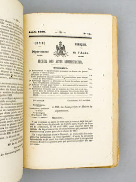 Recueil des Actes administratifs de la Préfecture de l'Aude [ deux tomes reliés en un vol. ] : Tome XVIII - Année 1868 n° 1 à 35 ;  Tome XIX - Année ...
