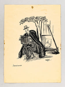 [ Vieil homme assis jouant de l'accordéon ] Dessin original à l'encre signé Malap et intitulé Semiramis