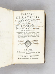 Tableau de l'Analyse Chimique ; ou Procédés du Cours de Chimie de M. Rouelle [ Edition originale - First edition, with contemporary manuscript additions ] [Avec : ] Expériences et Observations sur le Spath vitreux, ou Fluor Spathique