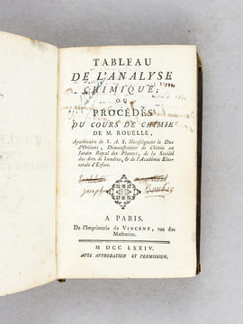 Tableau de l'Analyse Chimique ; ou Procédés du Cours de Chimie de M. Rouelle [ Edition originale - First edition, with contemporary manuscript ...