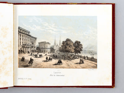 Guide et Memento du Voyageur en Suisse et en Savoie. Lucerne [ Contient 20 lithographies en couleurs : ] Lucerne, vue prise de Gutch - Panorama du Lac de Lucerne (planche double) - Lucerne. Hôtel de Schweizerhof - Lucerne. Vue des Remparts - Le Lion de Lucerne - Vue du Lac de Lucerne prise du Kussnacht - Chapelle de Guillaume-Tell - Veggis, au Lac des Quatre-Cantons - Vue du Rigi, entre le Rigi Kulm et le Rigi Staffel - Les Bains Froids sur le Rigi - Le Rigi Culm - Rigi Staffel (planche double) - Rigi Kulm (planche double) - Panorama des Alpes Bernoises vue du Rigi (planche double) - Brunnen (planche double) - Le Grutli. Lac des 4 Cantons - Chapelle de Guillaume Tell sur le Lac des 4 Cantons - Fluelen Lac des 4 Cantons - Stanztadt. Lac des 4 Cantons - Am Ort Lac des 4 Cantons