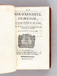 [ Recueil de 7 pièces de théâtre ] Le Bienfait rendu, ou Le Négociant, Comédie en cinq actes & en vers, Représentée pour la première fois sur le Théâtre François le 18 Avril 1763 [ Avec : ] La Gouvernante, Comédie en cinq Actes et en Vers, par M. Nivelle de la Chaussée [ Avec : ] La Bergère des Alpes, Pastorale en trois actes et en vers, mêlée de Chant, par M. Marmontel [ Avec : ] La Partie de Chasse de Henri IV, Comédie en trois Actes et en prose, avec quatre estampes en taille-douce d'après des desseins de M. Gravelot, Par Mr. Collé [ Avec : ] Gabrielle de Vergy, tragédie, par M. de Belloy [ Avec : ]  Olympie, Tragédie nouvelle de M. de Voltaire, Suivie de Remarques Historique [ Avec : ] Caliste, Tragédie Représentée pour la première fois par les Comédiens Français Ordinaires du Roi le 12 novembre 1760