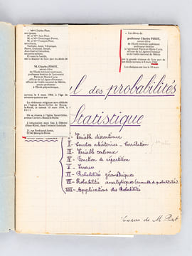 Notes de cours manuscrites : Cours de Calcul des Probabilités [ 5 cahiers manuscrits circa 1947 ] On joint une L.A.S. de Charles Pisot datée du 14 ...