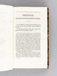 Oeuvres complètes de Voltaire (70 Tomes - Complet) Tome 1 : Vie de Voltaire par M. le Marquis de Condorcet ; Tomes 2 à 10 : Théâtre ; Tome 10 : La Henriade ; Tome 11 : La Pucelle d'Orléans ; Tomes 12 à 14 : Poésies ; Tomes 15 à 18 : Essai sur les Moeurs ; Tomes 19 et 20 : Siècle de Louis XIV ; Tome 21 : Siècle de Louis XV ; Tome 22 : Histoire de Charles XII ; Tome 23 : Histoire de Russie ; Tome 24 : Annales de l'Empire ; Tome 25 : Histoire du Parlement ; Tomes 26 et 27 : Mélanges historiques ; Tomes 28 et 29 : Politique et Législation ; Tome 30 : Physique ; Tomes 31, 32, 33 et 34 : Philosophie Générale, Métaphysique, Morale et Théologie ; Tome 35 : Dialogues et Entretiens philosophiques des Oeuvres de Voltaire ; Tomes 36 à 42 : Dictionnaire Philosophique ; Tomes 43 et 44 : Romans ; Tome 45 : Facéties ; Tomes 46, 47, 48 : Mélanges Littéraires ; Tomes 49 et 50 : Commentaires sur Corneille ; Tomes 50, 51, 52 : Correspondance avec Frédéric, Roi de Prusse ; Tome 53 : Correspondance avec l'Impératrice de Russie, plusieurs Souverains et les Princes de Prusse ; Tomes 54 et 55 : Correspondance avec d'Alembert ; Tomes 56 à 69 : Correspondance Générale ; Tome 70 : Table analytique des Oeuvres de Voltaire par J. B. J. Champagnac