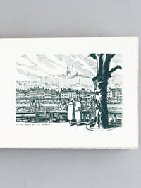 Belle carte orné d'une eau-forte : Lyon, Quai de la Saône [ Lot de 55 cartes à plier sur BFK Rives format 30 x 12 cm ]