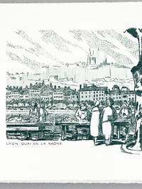 Belle carte orné d'une eau-forte : Lyon, Quai de la Saône [ Lot de 55 cartes à plier sur BFK Rives format 30 x 12 cm ]