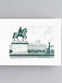 Belle carte orné d'une eau-forte : Lyon, Place Bellecour [ Lot de 45 cartes à plier sur beau vélin BFK Rives format 30 x 12 cm ]