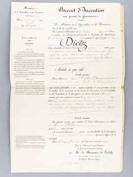 Brevet d'Invention accordé le 4 janvier 1876 à M. David Dietz, ingénieur civil, pour un système système de communication entre les agents d'un train ...