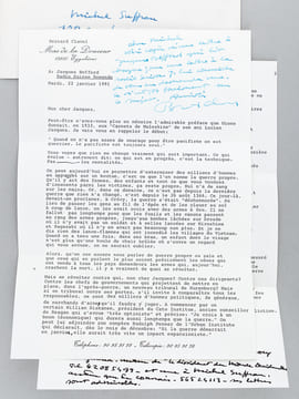 2 très belles lettres de Bernard Clavel évoquant la guerre du Golfe et son pacifisme : 1 L.A.S. signées de 2 pages adressées à l'écrivain bordelais ...