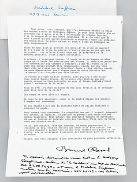 2 très belles lettres de Bernard Clavel évoquant la guerre du Golfe et son pacifisme : 1 L.A.S. signées de 2 pages adressées à l'écrivain bordelais ...
