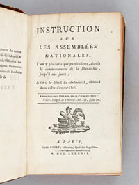 [ Recueil de 6 pièces relatives aux Assemblées des Notables ] Instruction sur les Assemblées Nationales, tant générales que particulières, depuis le commencement de la Monarchie, jusqu'à nos jours ; Avec le détail du cérémonial, observé dans celle d'aujourd'hui [ Avec : ] Essai historique et Politique sur les Assemblées Nationales du Royaume de France, depuis la Fondation de la Monarchie jusqu'à nos jours [ Avec : ] Procès-Verbal de ce qui s'est passé à l'Assemblée des Notables, tenue au palais des Tuileries, en l'année 1626, sous le règne de Louis XIII. Extrait du Mercure François de la même année, Suivi de la Harangue du Roi Henri IV, à l'Assemblée qu'il convoqua à Rouen en l'année 1596 [ Avec : ] Liste des Notables qui ont assisté aux Assemblées tenues en 1596, 1626 & 1627, précédées du Tableau Chronologique de toutes les Assemblées Nationales, Convoquées depuis l'an 422 jusqu'à l'année 1627 [ Avec : ] Essais sur les Maximes et Lois Fondamentales de la Monarchie Françoise , ou Canevas d'un code constitutionnel, pour servir de suite à l'ouvrage intitulé Les Voeux d'un François. Par le même Auteur [ Avec : ] Les Voeux d'un François, ou Considérations sur les principaux objets dont le Roi et la Nation vont s'occuper