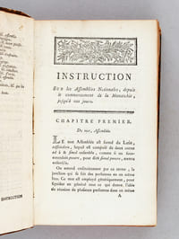 [ Recueil de 6 pièces relatives aux Assemblées des Notables ] Instruction sur les Assemblées Nationales, tant générales que particulières, depuis le commencement de la Monarchie, jusqu'à nos jours ; Avec le détail du cérémonial, observé dans celle d'aujourd'hui [ Avec : ] Essai historique et Politique sur les Assemblées Nationales du Royaume de France, depuis la Fondation de la Monarchie jusqu'à nos jours [ Avec : ] Procès-Verbal de ce qui s'est passé à l'Assemblée des Notables, tenue au palais des Tuileries, en l'année 1626, sous le règne de Louis XIII. Extrait du Mercure François de la même année, Suivi de la Harangue du Roi Henri IV, à l'Assemblée qu'il convoqua à Rouen en l'année 1596 [ Avec : ] Liste des Notables qui ont assisté aux Assemblées tenues en 1596, 1626 & 1627, précédées du Tableau Chronologique de toutes les Assemblées Nationales, Convoquées depuis l'an 422 jusqu'à l'année 1627 [ Avec : ] Essais sur les Maximes et Lois Fondamentales de la Monarchie Françoise , ou Canevas d'un code constitutionnel, pour servir de suite à l'ouvrage intitulé Les Voeux d'un François. Par le même Auteur [ Avec : ] Les Voeux d'un François, ou Considérations sur les principaux objets dont le Roi et la Nation vont s'occuper