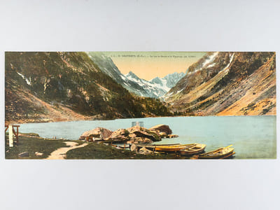 Cauterets (Hautes-Pyrénées) Le Lac de Gaube et le Vignemale (alt. 3.298 m) (C.C. 10) [ Vue panoramique géante en couleurs format 56 x 22,5 cm ]