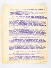 Compte-rendu de presse d'époque sur l'Entrevue de Saint-Florentin (1er décembre 1941) entre le Maréchal Pétain et le Maréchal Goering [ 3 pages dactylographiées ] "Cette entrevue avait été provoquée par le gouvernement du Reich, qui désirait connaître la position exacte de la France en politique extérieure en prévision des graves événements qui allaient se dérouler dans le Pacifique" [ le document évoque la conversation, puis détaille le mémorandum glissé par Pétain dans la poche de Goering, qui avait refusé à deux reprises de le prendre ... ] "Dans son mémorandum, le Maréchal Pétain rappelle au Chencelier Hitler qu'à la suite de l'entrevue de Montoire, et des conversations diplomatiques qui avaient précédé ou qui ont suivi, il avait été convenu que les prisonniers seraient libérés, que la ligne de démarcation serait supprimée, que les prélèvements de l'Armée allemande sur l'économie française seraient réduits, et que dans une certaine mesure l'armée française d'armistice, en particulier l'armée d'Afrique du Nord serait réarmée. Aucune de ces conditions n'a té complètement réalisée"  [ ... ] "Le maréchal indique également dans son mémorandum que la somme payée au titre des frais de l'armée allemande d'occupation dépasse déjà cnsidérablement, avant toutes discussions et fixations d'indemnité de guerre, les sommes que l'Allemagne a payées au total après sa défait de 1918" [ ... ]"En racontant cette entrevue à notre ami et en lui lisant son mémorandum, le maréchal Pétain a tenu à préciser qu'il n'avait jamais cédé sur le chapitre des concessions territoriales à faire par la France à l'Allemagne, qu'il n'avait pas cédé ni pris un engagement, ni un semblant d'engagement quelconque pour la question d'Alsace et Lorraine qui reste absolument entière" [ ... ]
