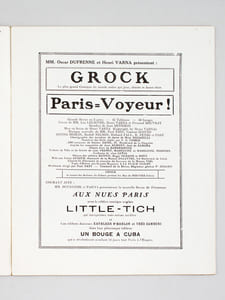 Palace. Music-Hall Boulevard angle Faubourg Montmartre. Grock le premier comique du monde pour la première fois joue, chante et danse dans la plus formidable des revues à grand spectacle : Paris-Voyeur ! Programme