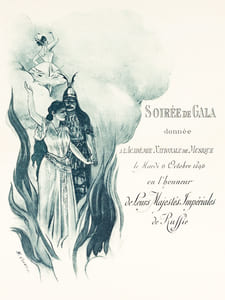 Soirée de Gala donnée à l'Académie Nationale de Musique le Mardi 6 Octobre 1896 en l'honneur de Leurs Majestés Impériales de Russie. Programme : Hymne Russe. Marche Héroïque par Camille Saint-Saëns. Deuxième acte de Sigurd. Danse Mlle Hirzsch. Thaïs par Massenet. Divertissement de La Korrigane, Ballet de M. F. Coppée. Orchestre des Concerts de l'Opéra, sous la direction de Georges Marty. Marche solennelle de Gounod.