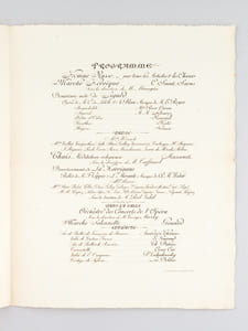 Soirée de Gala donnée à l'Académie Nationale de Musique le Mardi 6 Octobre 1896 en l'honneur de Leurs Majestés Impériales de Russie. Programme : Hymne Russe. Marche Héroïque par Camille Saint-Saëns. Deuxième acte de Sigurd. Danse Mlle Hirzsch. Thaïs par Massenet. Divertissement de La Korrigane, Ballet de M. F. Coppée. Orchestre des Concerts de l'Opéra, sous la direction de Georges Marty. Marche solennelle de Gounod.