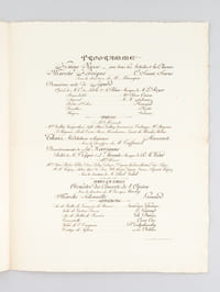 Soirée de Gala donnée à l'Académie Nationale de Musique le Mardi 6 Octobre 1896 en l'honneur de Leurs Majestés Impériales de Russie. Programme : Hymne Russe. Marche Héroïque par Camille Saint-Saëns. Deuxième acte de Sigurd. Danse Mlle Hirzsch. Thaïs par Massenet. Divertissement de La Korrigane, Ballet de M. F. Coppée. Orchestre des Concerts de l'Opéra, sous la direction de Georges Marty. Marche solennelle de Gounod.