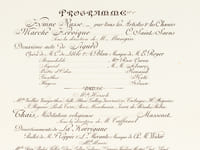 Soirée de Gala donnée à l'Académie Nationale de Musique le Mardi 6 Octobre 1896 en l'honneur de Leurs Majestés Impériales de Russie. Programme : Hymne Russe. Marche Héroïque par Camille Saint-Saëns. Deuxième acte de Sigurd. Danse Mlle Hirzsch. Thaïs par Massenet. Divertissement de La Korrigane, Ballet de M. F. Coppée. Orchestre des Concerts de l'Opéra, sous la direction de Georges Marty. Marche solennelle de Gounod.