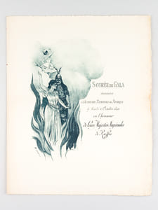 Soirée de Gala donnée à l'Académie Nationale de Musique le Mardi 6 Octobre 1896 en l'honneur de Leurs Majestés Impériales de Russie. Programme : Hymne Russe. Marche Héroïque par Camille Saint-Saëns. Deuxième acte de Sigurd. Danse Mlle Hirzsch. Thaïs par Massenet. Divertissement de La Korrigane, Ballet de M. F. Coppée. Orchestre des Concerts de l'Opéra, sous la direction de Georges Marty. Marche solennelle de Gounod.
