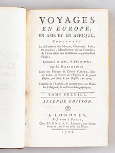 Voyages en Europe, en Asie et en Afrique, contenant la description des Moeurs, Coutumes, Loix, Productions, Manufactures de ces Contrées, & l'Etat actuel des Possessions Angloises dans l'Inde (2 Tomes - Complet) Commencés en 1777, & finis en 1781, par M. Makintosh, Suivis des Voyages du Colonel Capper, dans les Indes, au travers de l'Egypte & du grand Désert, par Suez & par Bassora, en 1779