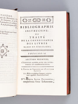 Bibliographie Instructive : ou Traité de la Connoissance des Livres rares et Singuliers. Volume de Théologie. DE BURE, Guillaume-François