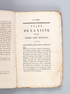 Liste des noms des ci-devant Nobles, Nobles de Race, Robins, Financiers, Intrigans, & de tous les aspirans à la noblesse, ou escroc d'icelle ; Avec des notes sur leurs familles. Seconde Partie, Contenant les Numéros 17 à 32, Avec une Table Alphabétique