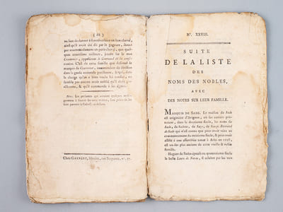 Liste des noms des ci-devant Nobles, Nobles de Race, Robins, Financiers, Intrigans, & de tous les aspirans à la noblesse, ou escroc d'icelle ; Avec des notes sur leurs familles. Seconde Partie, Contenant les Numéros 17 à 32, Avec une Table Alphabétique